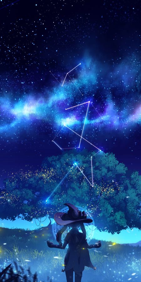 Phone wallpaper: Starry Sky, Video Game, Genshin Impact, Mona (Genshin Impact) free download