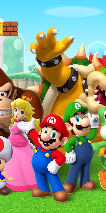 Phone wallpaper: Mario, Video Game, Super Mario Bros, Donkey Kong, Yoshi, Princess Peach, Toad (Mario), Bowser, Luigi, Wario, Rosalina (Mario), Waluigi, Princess Daisy free download