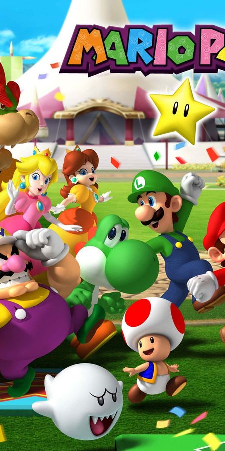 Phone wallpaper: Boo (Super Mario), Maskass (Mario), Super Star (Super Mario), Toad (Mario), Mario Party 8, Wario, Luigi, Bowser, Donkey Kong, Princess Peach, Yoshi, Mario, Video Game free download