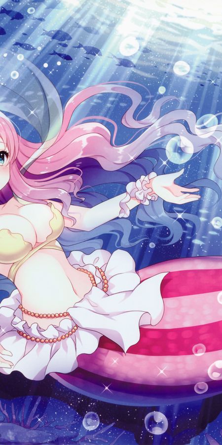 Phone wallpaper: Anime, Beads, Fish, Underwater, Blue Eyes, Pink Hair, Mermaid, Long Hair, Bikini, One Piece, Shirahoshi (One Piece) free download