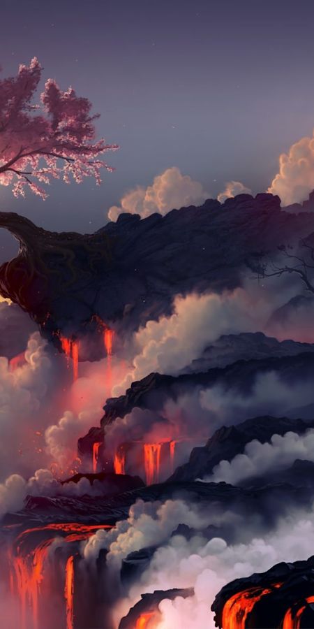 Phone wallpaper: Landscape, Sakura, Game, Lava, Magic: The Gathering, Sakura Blossom free download