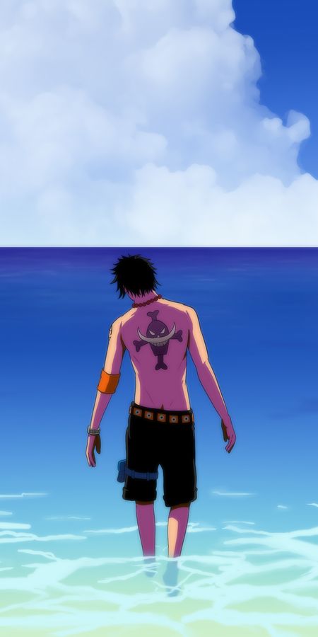 Phone wallpaper: Anime, Water, Sky, Ocean, Tattoo, Cloud, Belt, Shorts, Necklace, Black Hair, Portgas D Ace, One Piece free download