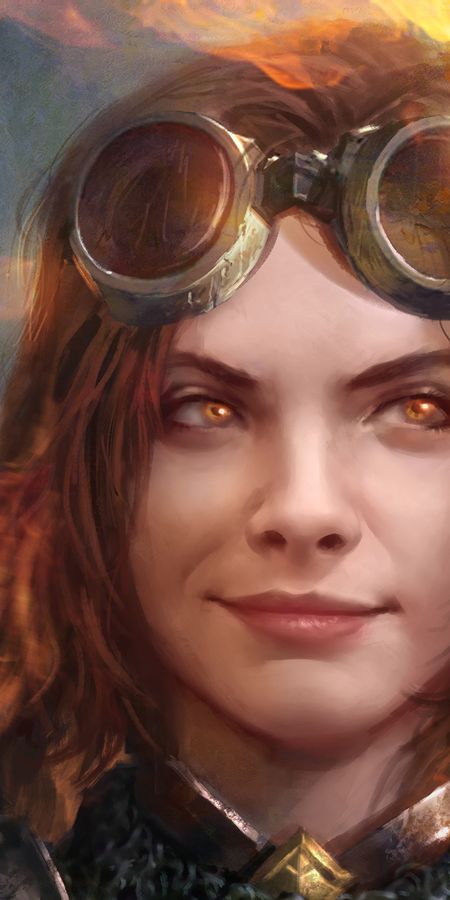 Phone wallpaper: Fire, Smile, Game, Brown Hair, Magic: The Gathering, Chandra Nalaar, Goggles free download
