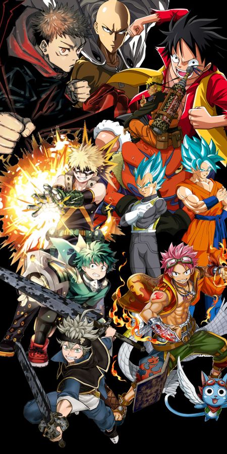 Phone wallpaper: Anime, Naruto, Crossover, One Piece, Fairy Tail, One Punch Man, Dragon Ball Super, My Hero Academia, Black Clover, Jujutsu Kaisen free download