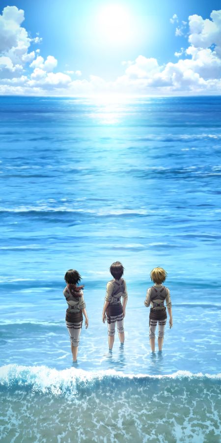 Phone wallpaper: Anime, Ocean, Armin Arlert, Eren Yeager, Mikasa Ackerman, Shingeki No Kyojin, Attack On Titan free download