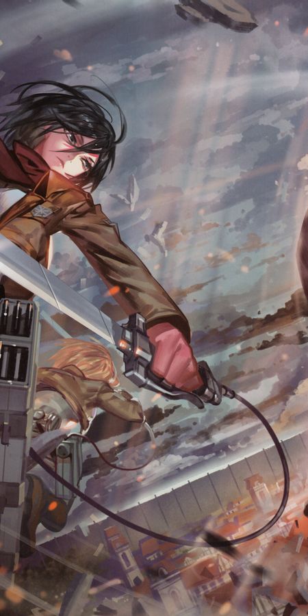 Phone wallpaper: Armin Arlert, Colossal Titan, Eren Yeager, Mikasa Ackerman, Attack On Titan, Anime free download