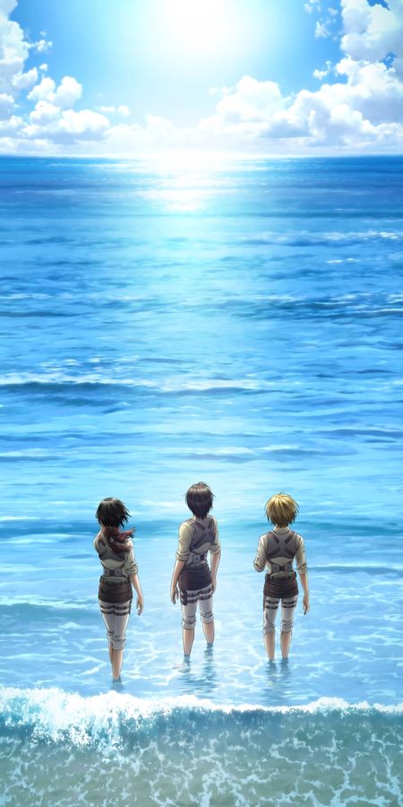 Phone wallpaper: Anime, Ocean, Armin Arlert, Eren Yeager, Mikasa Ackerman, Shingeki No Kyojin, Attack On Titan free download