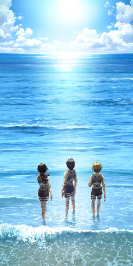 Phone wallpaper: Anime, Ocean, Armin Arlert, Eren Yeager, Mikasa Ackerman, Shingeki No Kyojin, Attack On Titan free download