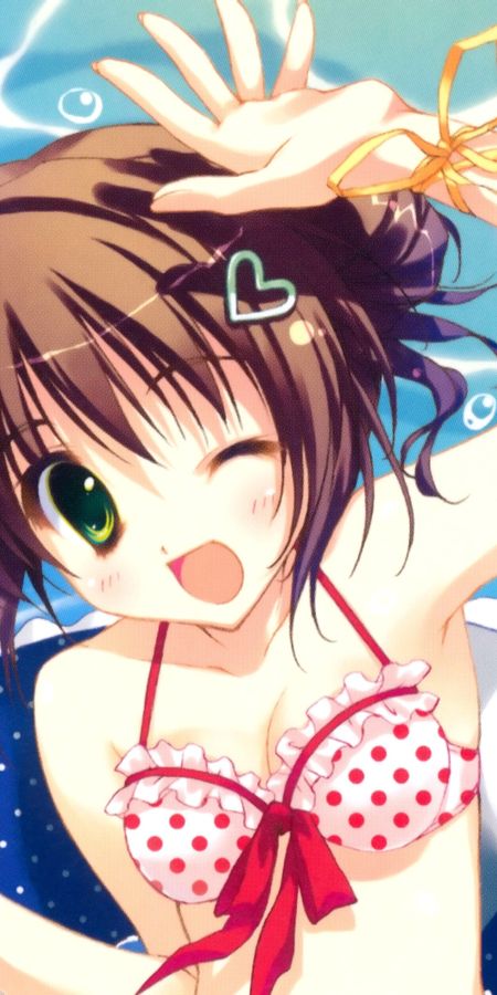 Phone wallpaper: Anime, Smile, Green Eyes, Original, Brown Hair, Short Hair, Bikini free download