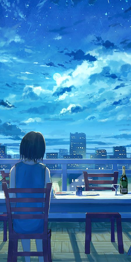 Phone wallpaper: Anime, Sky, Girl, Black Hair, Short Hair free download