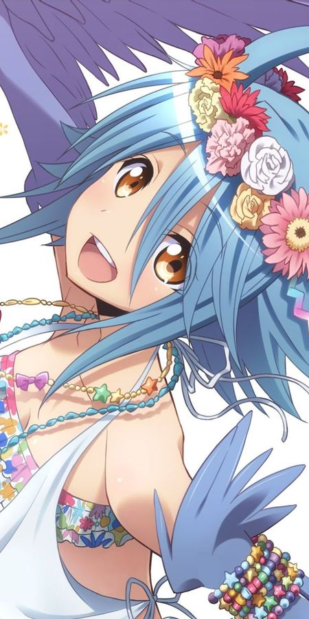 Phone wallpaper: Anime, Flower, Wings, Headdress, Necklace, Blue Hair, Brown Eyes, Short Hair, Papi (Monster Musume), Monster Musume free download