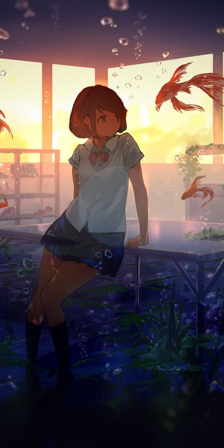 Phone wallpaper: Anime, Water, Sunset, Fish, Bubble, Original, Short Hair free download