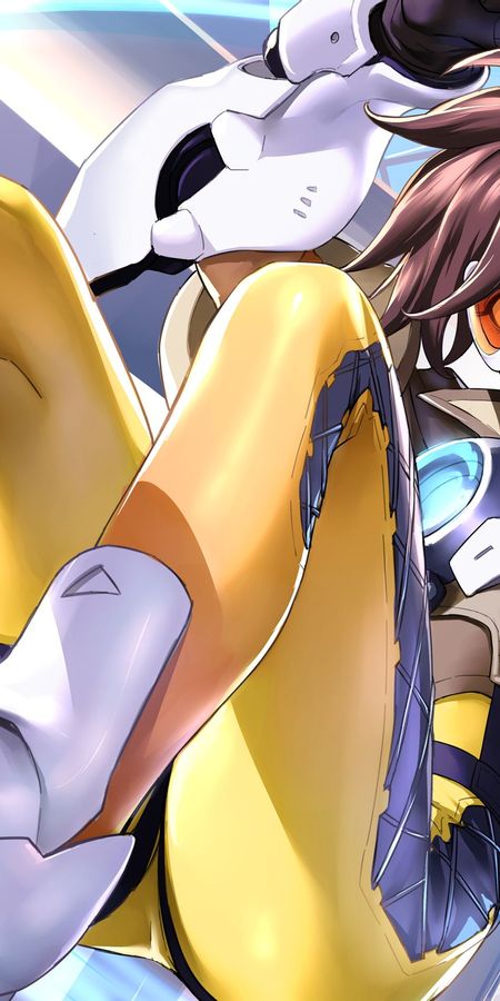 Phone wallpaper: Weapon, Smile, Overwatch, Video Game, Gun, Brown Hair, Short Hair, Goggles, Tracer (Overwatch) free download