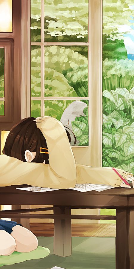 Phone wallpaper: Anime, Book, Pen, Skirt, Original, Desk, School Uniform, Brown Hair, Short Hair free download