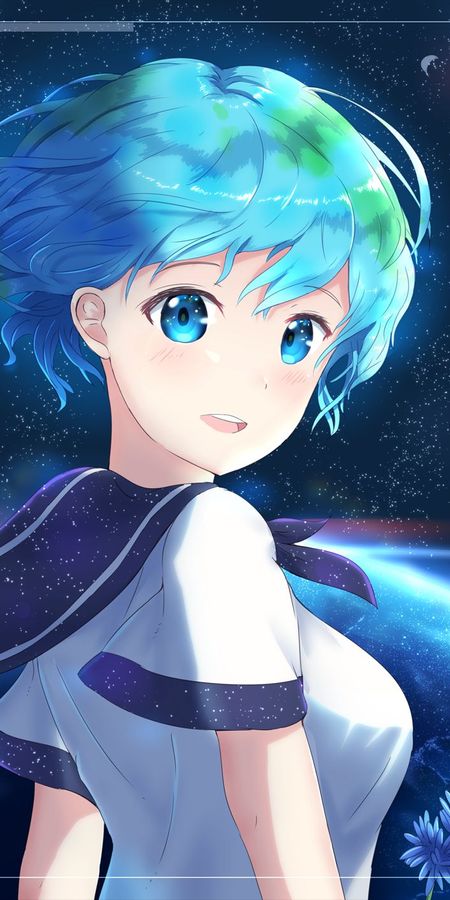 Phone wallpaper: Anime, Blue Eyes, Blue Hair, Short Hair, Earth Chan free download