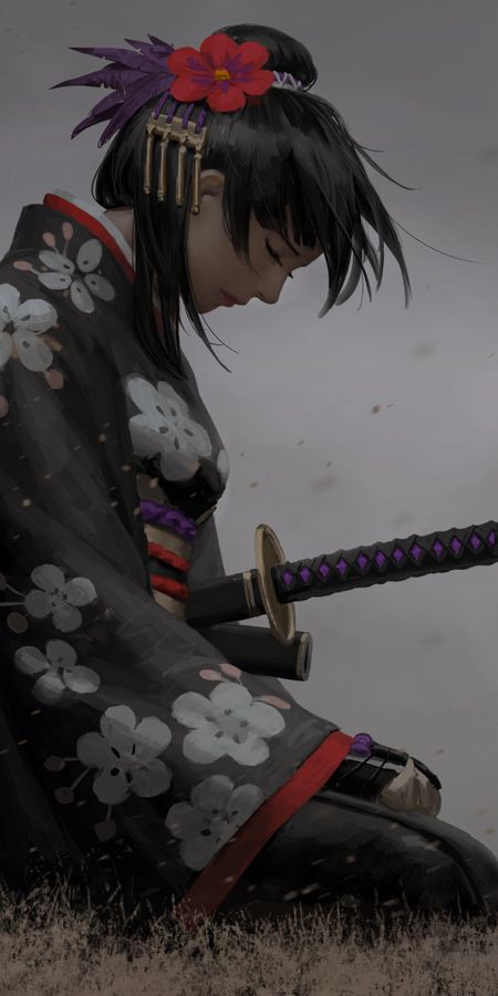 Phone wallpaper: Anime, Kimono, Sword, Original, Katana, Black Hair, Short Hair, Hair Ornament free download