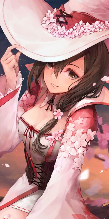 Phone wallpaper: Anime, Smile, Hat, Cherry Blossom, Original, Witch, Brown Eyes, Brown Hair, Short Hair free download