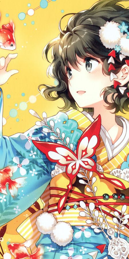 Phone wallpaper: Anime, Flower, Fish, Kimono, Original, Black Hair, Short Hair free download