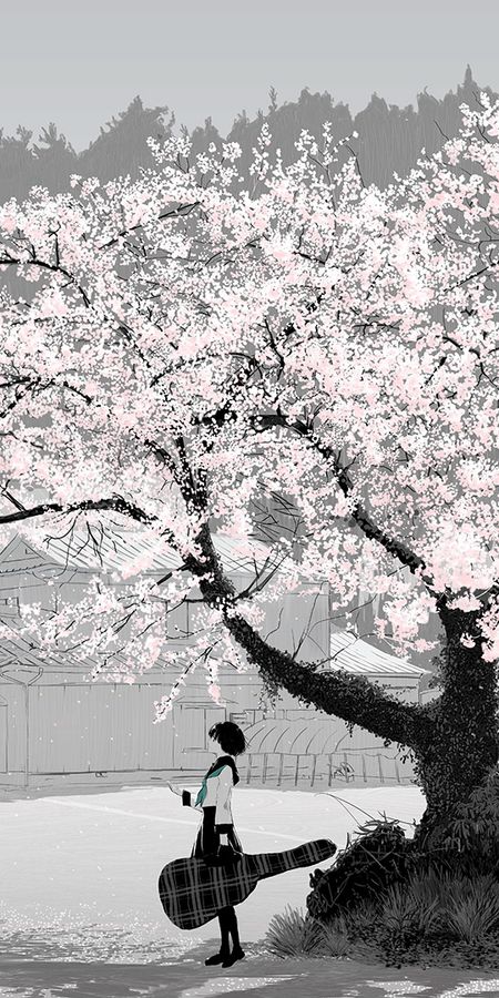 Phone wallpaper: Anime, Tree, Guitar, Girl, Skirt, School Uniform, Black Hair, Short Hair, Sakura Blossom free download