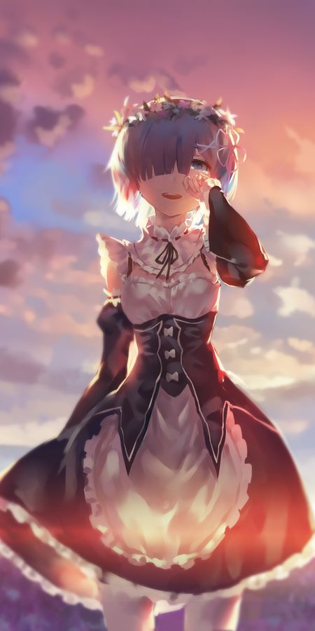 Phone wallpaper: Anime, Sunset, Dress, Blue Eyes, Tears, Maid, Headband, Blue Hair, Short Hair, Thigh Highs, Black Dress, Crying, Re:zero Starting Life In Another World, Rem (Re:zero) free download