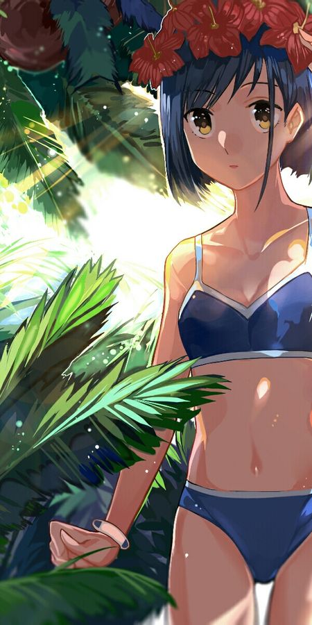Phone wallpaper: Anime, Jungle, Wreath, Yellow Eyes, Blue Hair, Sunbeam, Short Hair, Bikini, Darling In The Franxx, Ichigo (Darling In The Franxx) free download