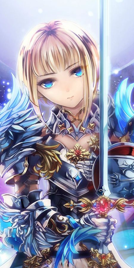 Phone wallpaper: Blonde, Knight, Stained Glass, Armor, Sword, Blue Eyes, Video Game, Short Hair, Woman Warrior, Valhalla Gate Of Kamigoku, Jeanne D'arc (Shingoku No Valhalla Gate), Shingoku No Valhalla Gate free download
