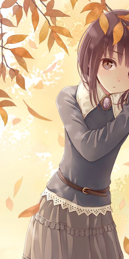 Phone wallpaper: Anime, Leaf, Wall, Girl, Skirt, Short Hair free download
