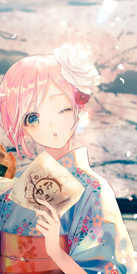 Phone wallpaper: Anime, Flower, Spring, Kimono, Petal, Wink, Original, Pink Hair, Blossom, Short Hair free download