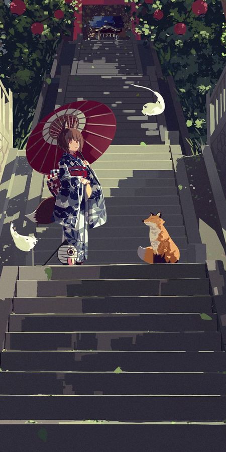 Phone wallpaper: Anime, Fox, Stairs, Umbrella, Kimono, Oriental, Torii, Spirit, Brown Hair, Short Hair, Animal Ears, Orange Eyes free download