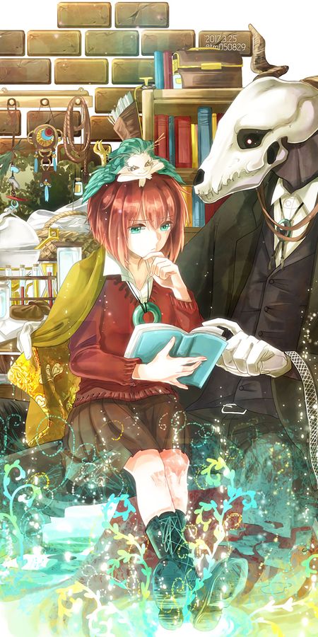 Phone wallpaper: Anime, Dog, Book, Skirt, Green Eyes, Short Hair, Red Hair, Elias Ainsworth, Chise Hatori, The Ancient Magus' Bride free download
