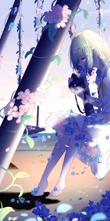 Phone wallpaper: Anime, Flower, Girl, Swing, Sad, Tears, School Uniform, Short Hair free download