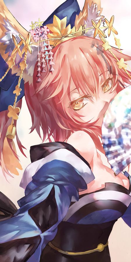 Phone wallpaper: Anime, Tail, Hat, Fan, Yellow Eyes, Headdress, Blush, Short Hair, Fate/extra, Bow (Clothing), Japanese Clothes, Caster (Fate/extra), Tamamo No Mae (Fate/grand Order), Fate Series free download