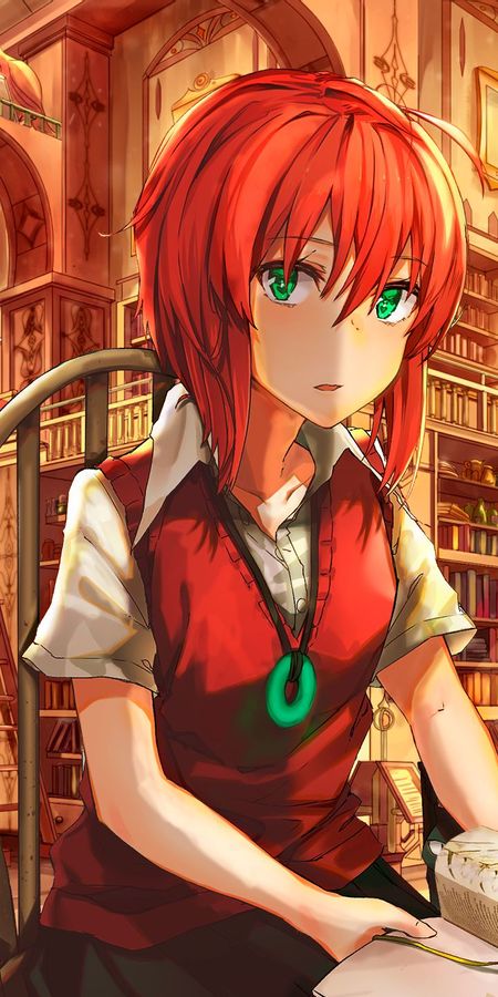 Phone wallpaper: Anime, Library, Green Eyes, Short Hair, Red Hair, Chise Hatori, The Ancient Magus' Bride free download