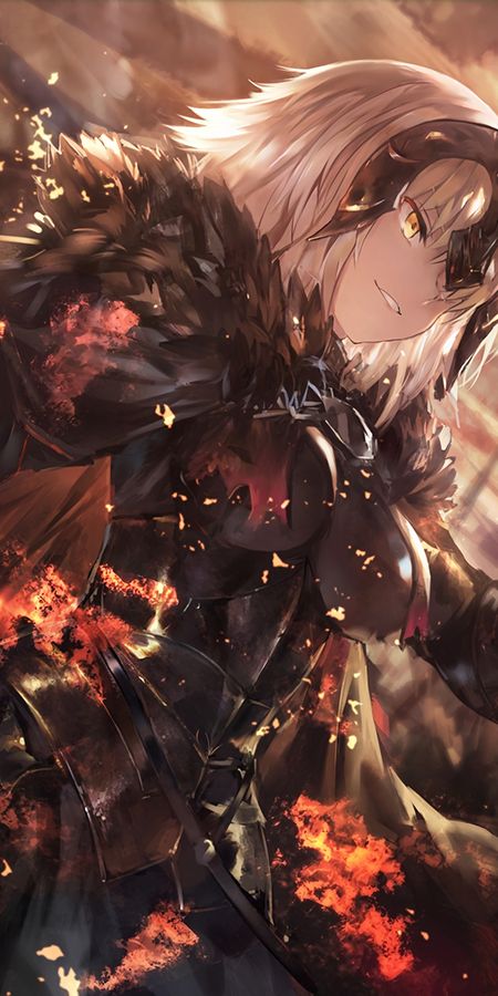Phone wallpaper: Anime, Fire, Weapon, Flame, Smile, Dragon, Flag, Yellow Eyes, Sword, Short Hair, White Hair, Woman Warrior, Fate (Series), Fate/grand Order, Jeanne D'arc Alter, Avenger (Fate/grand Order), Fate Series free download