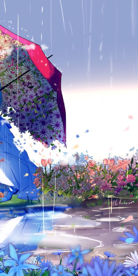 Phone wallpaper: Anime, Rain, Reflection, Flower, Umbrella, Original, Short Hair free download