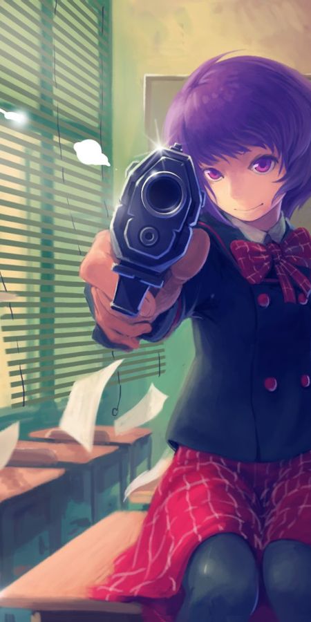 Phone wallpaper: Anime, Skirt, Original, School Uniform, Gun, Short Hair, Purple Eyes, Purple Hair, Bow (Clothing), Classroom free download