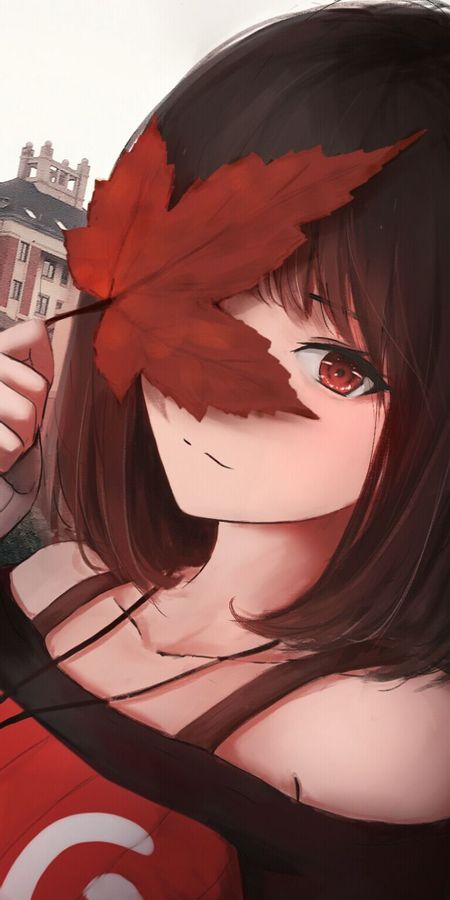Phone wallpaper: Anime, Original, Maple Leaf, Red Eyes, Brown Hair, Short Hair free download