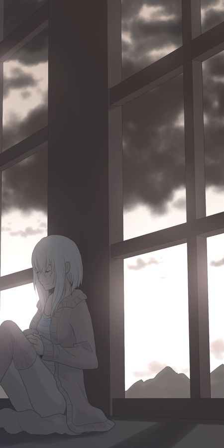 Phone wallpaper: Anime, Sunset, Mountain, Cloud, Original, Scenery, Short Hair, White Hair free download