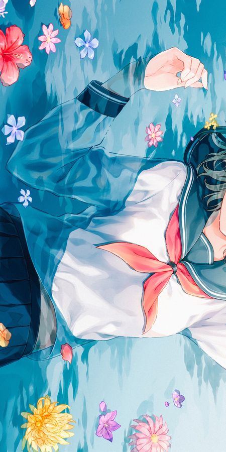 Phone wallpaper: Anime, Water, Flower, Girl, Blonde, Skirt, School Uniform, Short Hair, Purple Eyes free download