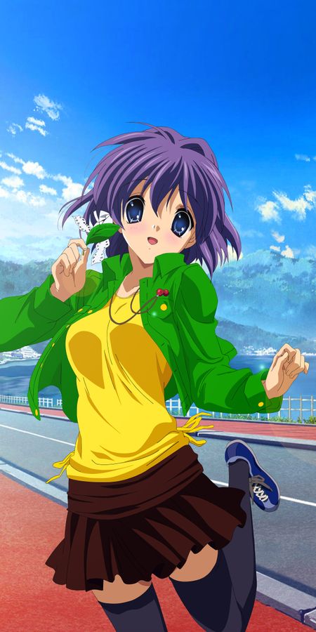 Phone wallpaper: Anime, Sky, Skirt, Blue Eyes, Clannad, Short Hair, Purple Hair, Ryou Fujibayashi free download