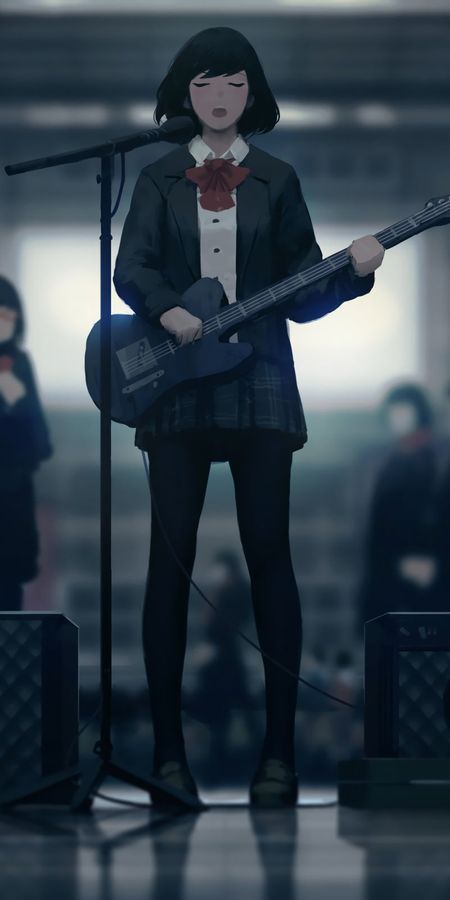 Phone wallpaper: Music, Anime, Guitar, Guitarist, Microphone, Speakers, Black Hair, Short Hair free download