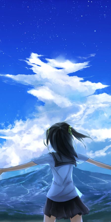 Phone wallpaper: Anime, Sky, Mountain, Cloud, Original, School Uniform, Black Hair, Long Hair, Short Hair, Twintails free download