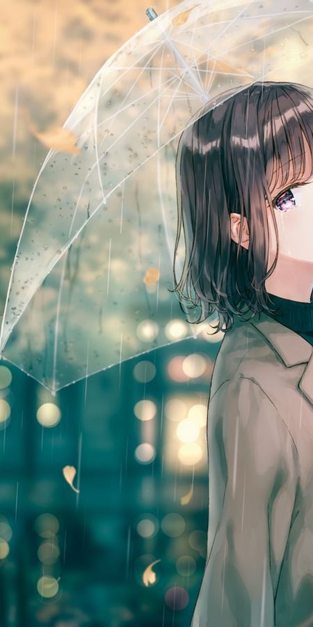 Phone wallpaper: Anime, Rain, Fall, Umbrella, Original, Black Hair, Short Hair, Purple Eyes free download