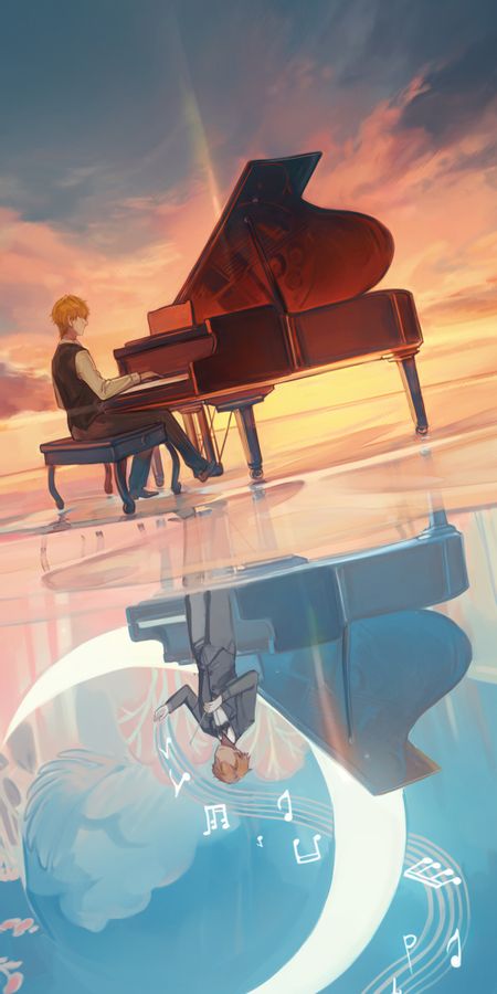 Phone wallpaper: Music, Anime, Sunset, Moon, Piano, Blonde, Short Hair free download