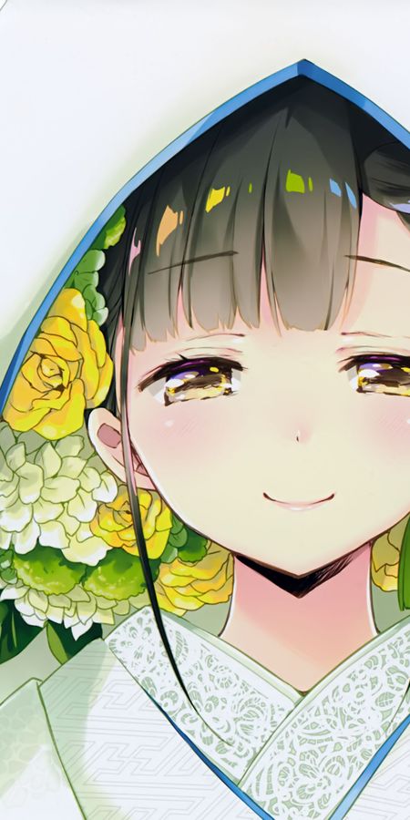Phone wallpaper: Anime, Flower, Smile, Kimono, Hood, Yellow Eyes, Original, Braid, Black Hair, Short Hair free download