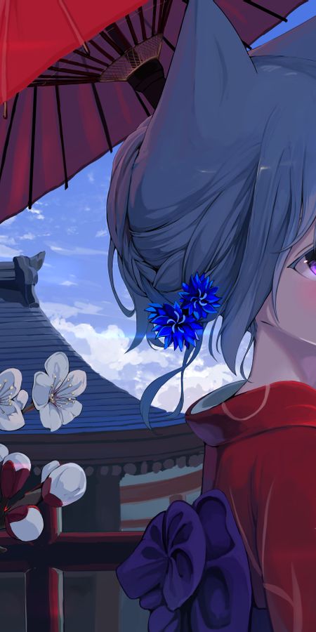 Phone wallpaper: Anime, Flower, Umbrella, Kimono, Original, Short Hair, Animal Ears free download