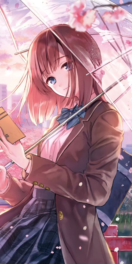 Phone wallpaper: Anime, Book, Umbrella, Cherry Blossom, Original, Short Hair free download