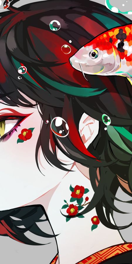 Phone wallpaper: Anime, Flower, Girl, Tattoo, Fish, Green Hair, Bubble, Yellow Eyes, Koi, Black Hair, Short Hair, Red Hair free download