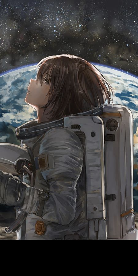 Phone wallpaper: Anime, Stars, Moon, Earth, Space, Cosmonaut, Spacesuit, Original, Brown Hair, Short Hair, Grey Eyes, White Eyes free download