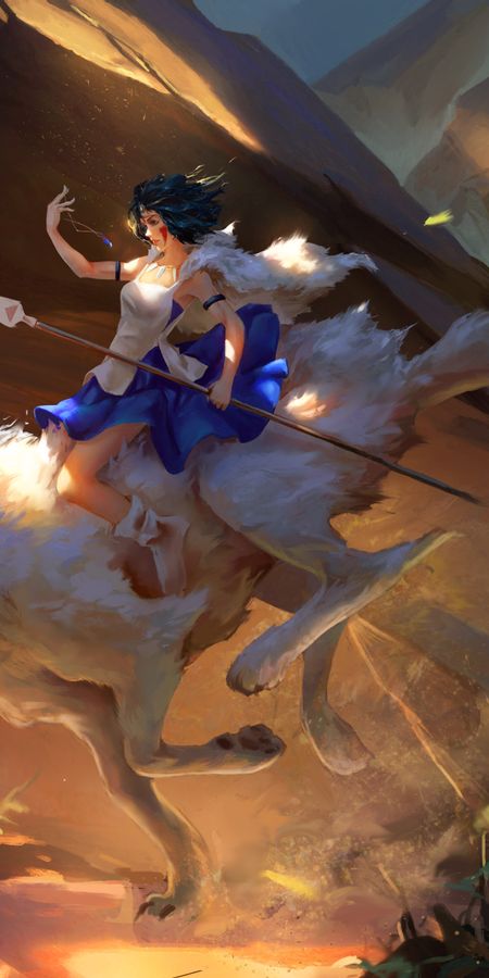 Phone wallpaper: Anime, Wolf, Spear, Blue Hair, Short Hair, Woman Warrior, Princess Mononoke free download